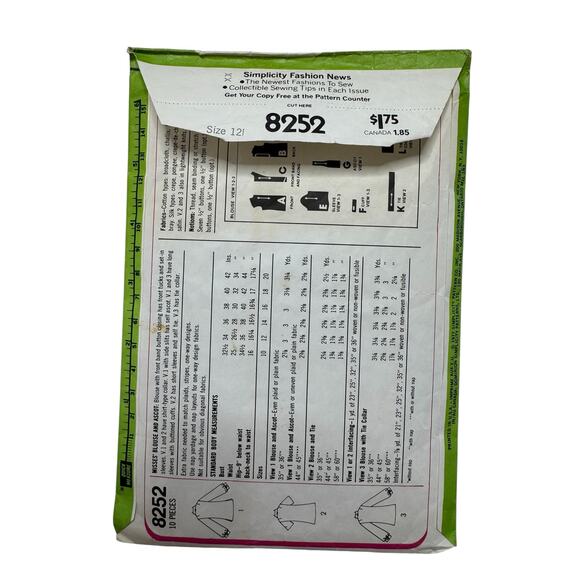 Vintage 1977 SIMPLICITY Blouse with Ascot Pattern Cut Size 12 Misses #8252 - Picture 2 of 4